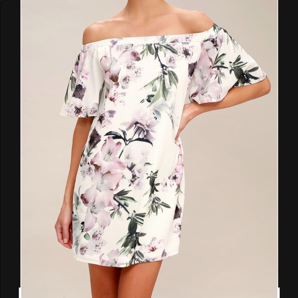 Ivory Floral Print Off-the-Shoulder Shift Dress - Picture 1 of 4